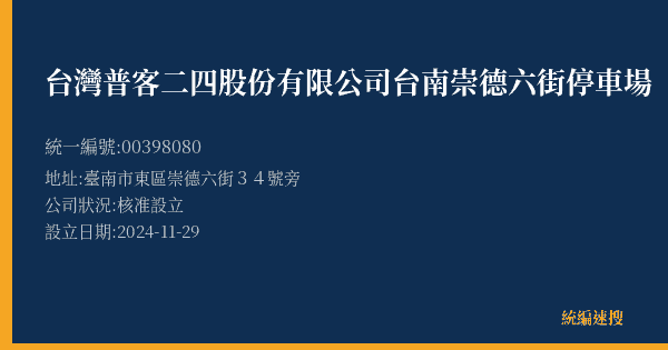 台灣普客二四股份有限公司台南崇德六街停車場的照片-統編 00398080(臺南市) 公司登記資料與營業項目詳細圖表