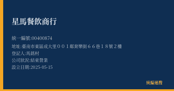 星馬餐飲商行的照片-統編 00400874(臺南市) 公司登記資料與營業項目詳細圖表