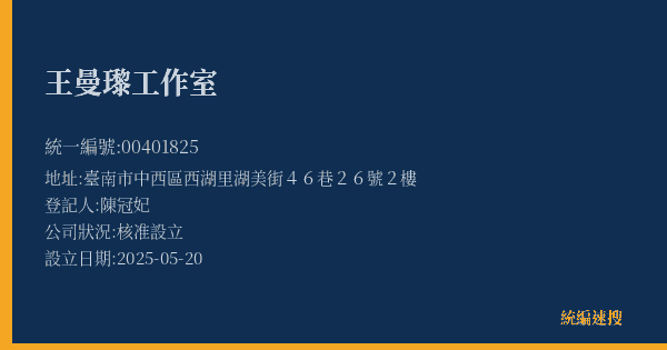 王曼瓈工作室的照片-統編 00401825(臺南市) 公司登記資料與營業項目詳細圖表