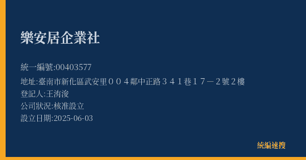 樂安居企業社的照片-統編 00403577(臺南市) 公司登記資料與營業項目詳細圖表