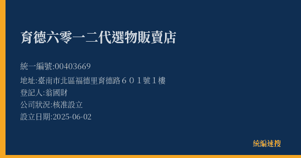 育德六零一二代選物販賣店的照片-統編 00403669(臺南市) 公司登記資料與營業項目詳細圖表