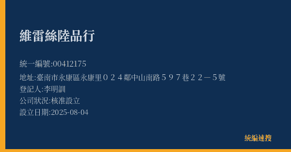 維雷絲陸品行的照片-統編 00412175(臺南市) 公司登記資料與營業項目詳細圖表