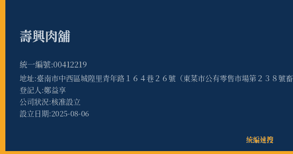 壽興肉舖的照片-統編 00412219(臺南市) 公司登記資料與營業項目詳細圖表