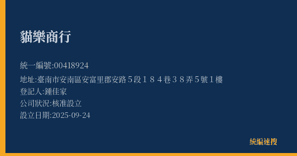 貓樂商行的照片-統編 00418924(臺南市) 公司登記資料與營業項目詳細圖表