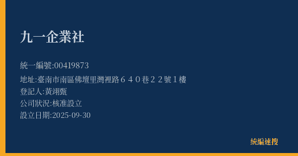 九一企業社的照片-統編 00419873(臺南市) 公司登記資料與營業項目詳細圖表