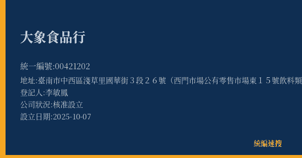 大象食品行的照片-統編 00421202(臺南市) 公司登記資料與營業項目詳細圖表