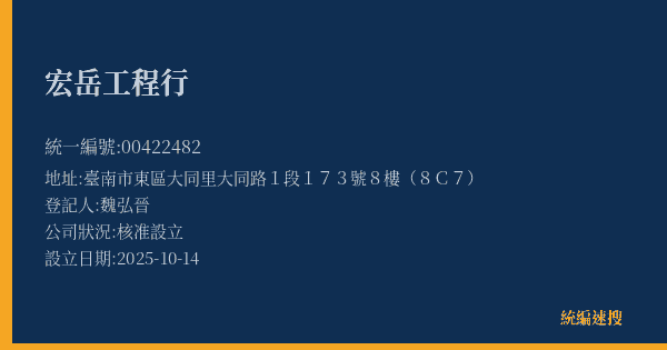 宏岳工程行的照片-統編 00422482(臺南市) 公司登記資料與營業項目詳細圖表