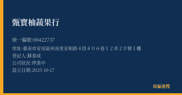 甄寶柚蔬果行的照片-統編 00422737(臺南市) 公司登記資料與營業項目詳細圖表