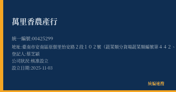 萬里香農產行的照片-統編 00425299(臺南市) 公司登記資料與營業項目詳細圖表