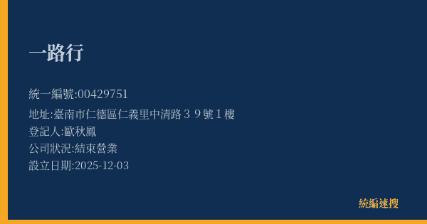 一路行的照片-統編 00429751(臺南市) 公司登記資料與營業項目詳細圖表