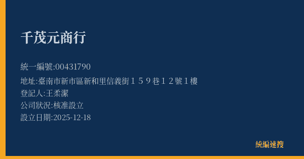千茂元商行的照片-統編 00431790(臺南市) 公司登記資料與營業項目詳細圖表