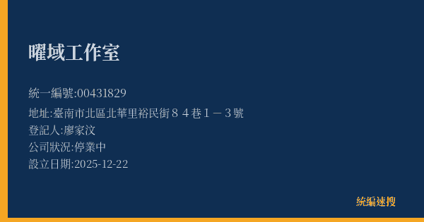 曜域工作室的照片-統編 00431829(臺南市) 公司登記資料與營業項目詳細圖表