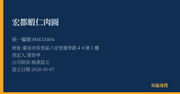 宏都蝦仁肉圓的照片-統編 00433404(臺南市) 公司登記資料與營業項目詳細圖表