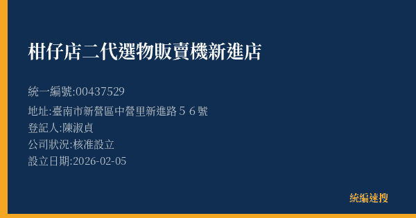 柑仔店二代選物販賣機新進店的照片-統編 00437529(臺南市) 公司登記資料與營業項目詳細圖表