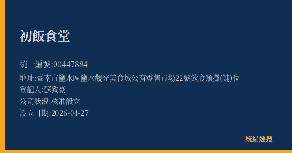 初飯食堂的照片-統編 00447884(臺南市) 公司登記資料與營業項目詳細圖表