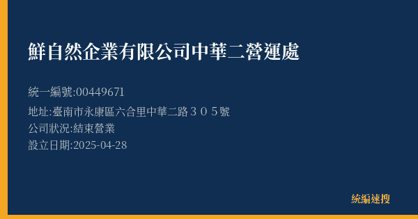 鮮自然企業有限公司中華二營運處的照片-統編 00449671(臺南市) 公司登記資料與營業項目詳細圖表