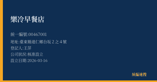樂冷早餐店的照片-統編 00467001(臺東縣) 公司登記資料與營業項目詳細圖表