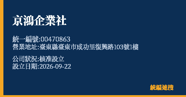 京鴻企業社的照片-統編 00470863(臺東縣) 公司登記資料與營業項目詳細圖表