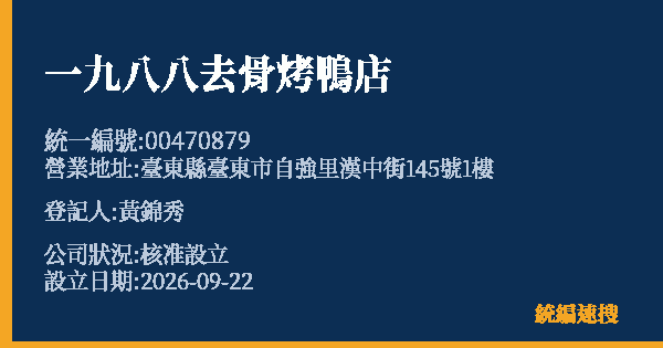 一九八八去骨烤鴨店的照片-統編 00470879(臺東縣) 公司登記資料與營業項目詳細圖表