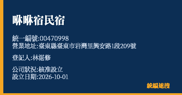 咻咻宿民宿的照片-統編 00470998(臺東縣) 公司登記資料與營業項目詳細圖表