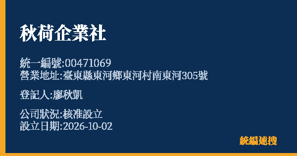 秋荷企業社的照片-統編 00471069(臺東縣) 公司登記資料與營業項目詳細圖表