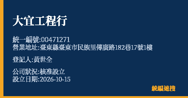 大宜工程行的照片-統編 00471271(臺東縣) 公司登記資料與營業項目詳細圖表
