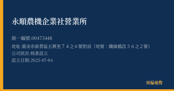 永順農機企業社營業所的照片-統編 00473448(臺南市) 公司登記資料與營業項目詳細圖表