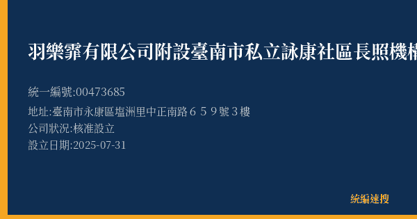 羽樂霏有限公司附設臺南市私立詠康社區長照機構的照片-統編 00473685(臺南市) 公司登記資料與營業項目詳細圖表