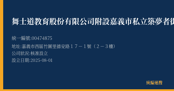 舞士道教育股份有限公司附設嘉義市私立築夢者街舞技藝短期補習班的照片-統編 00474875(嘉義市) 公司登記資料與營業項目詳細圖表