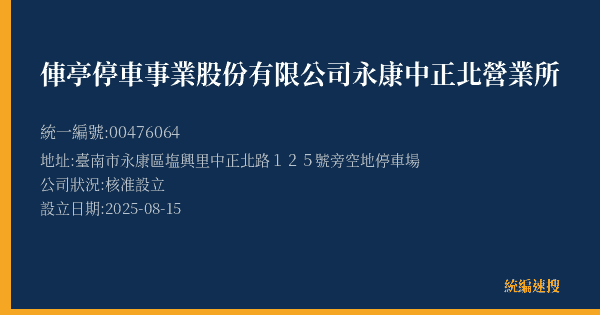 俥亭停車事業股份有限公司永康中正北營業所的照片-統編 00476064(臺南市) 公司登記資料與營業項目詳細圖表