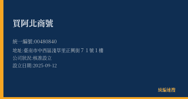 買阿北商號的照片-統編 00480840(臺南市) 公司登記資料與營業項目詳細圖表