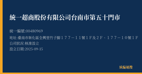 統一超商股份有限公司台南市第五十門市的照片-統編 00480969(臺南市) 公司登記資料與營業項目詳細圖表