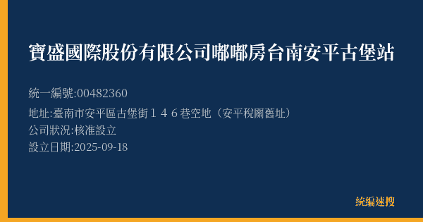 寶盛國際股份有限公司嘟嘟房台南安平古堡站的照片-統編 00482360(臺南市) 公司登記資料與營業項目詳細圖表