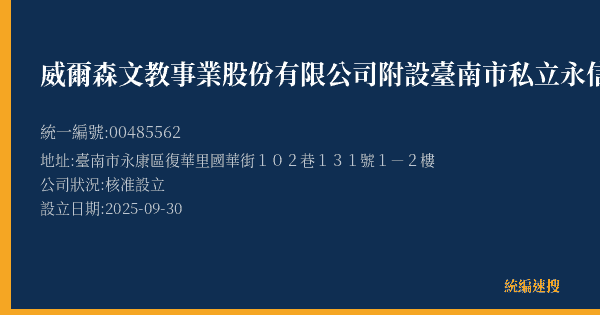 威爾森文教事業股份有限公司附設臺南市私立永信文理短期補習班的照片-統編 00485562(臺南市) 公司登記資料與營業項目詳細圖表
