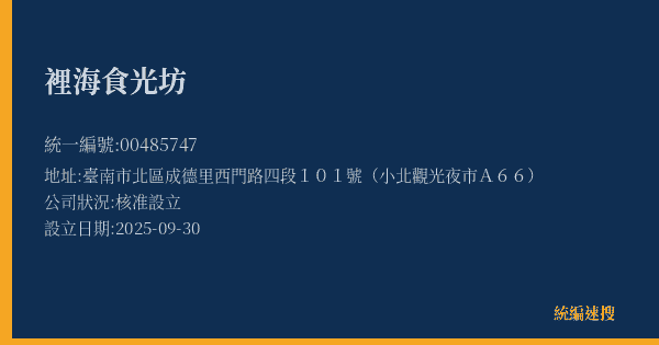 裡海食光坊的照片-統編 00485747(臺南市) 公司登記資料與營業項目詳細圖表