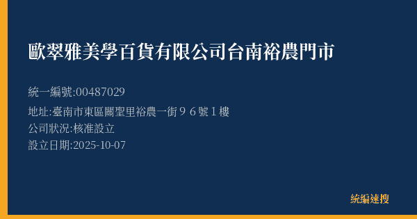 歐翠雅美學百貨有限公司台南裕農門市的照片-統編 00487029(臺南市) 公司登記資料與營業項目詳細圖表