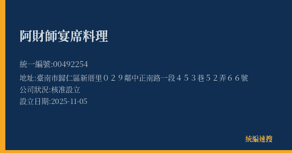 阿財師宴席料理的照片-統編 00492254(臺南市) 公司登記資料與營業項目詳細圖表