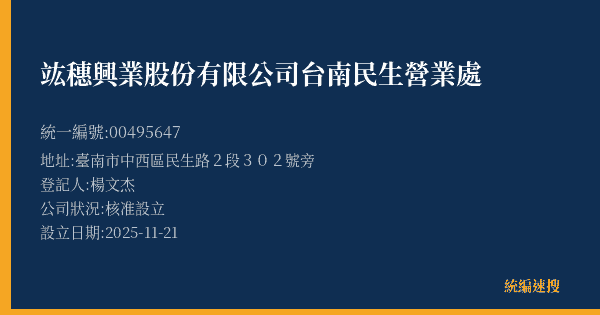 竑穗興業股份有限公司台南民生營業處的照片-統編 00495647(臺南市) 公司登記資料與營業項目詳細圖表