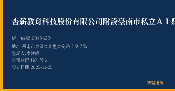 杏薪教育科技股份有限公司附設臺南市私立AI鼎豐文理短期補習班的照片-統編 00496224(臺南市) 公司登記資料與營業項目詳細圖表