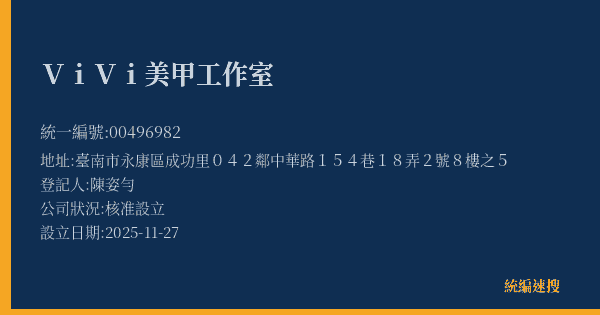 ViVi美甲工作室的照片-統編 00496982(臺南市) 公司登記資料與營業項目詳細圖表