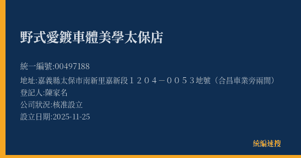 野式愛鍍車體美學太保店的照片-統編 00497188(嘉義縣) 公司登記資料與營業項目詳細圖表