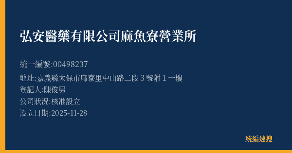 弘安醫藥有限公司麻魚寮營業所的照片-統編 00498237(嘉義縣) 公司登記資料與營業項目詳細圖表