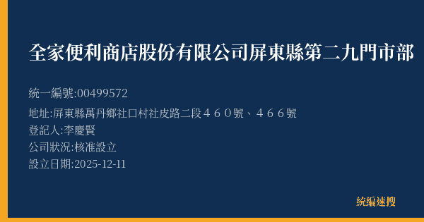 全家便利商店股份有限公司屏東縣第二九門市部的照片-統編 00499572(屏東縣) 公司登記資料與營業項目詳細圖表