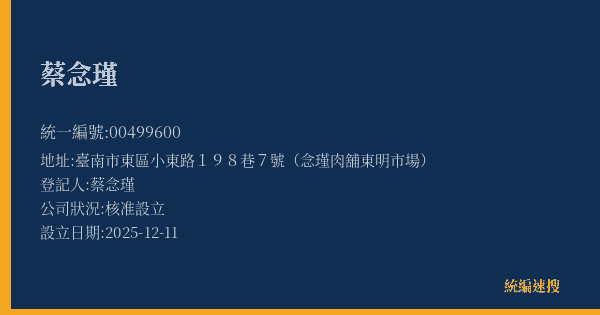 蔡念瑾的照片-統編 00499600(臺南市) 公司登記資料與營業項目詳細圖表