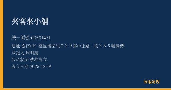 夾客來小舖的照片-統編 00501471(臺南市) 公司登記資料與營業項目詳細圖表