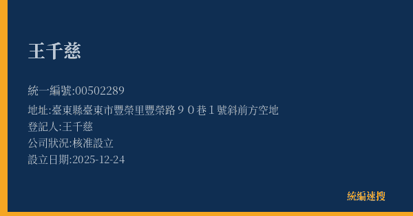 王千慈的照片-統編 00502289(臺東縣) 公司登記資料與營業項目詳細圖表