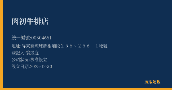 肉初牛排店的照片-統編 00504651(屏東縣) 公司登記資料與營業項目詳細圖表