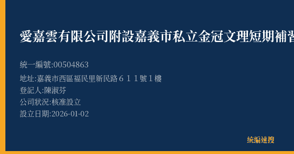 愛嘉雲有限公司附設嘉義市私立金冠文理短期補習班的照片-統編 00504863(嘉義市) 公司登記資料與營業項目詳細圖表