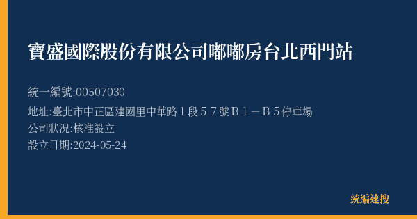 寶盛國際股份有限公司嘟嘟房台北西門站的照片-統編 00507030(臺北市) 公司登記資料與營業項目詳細圖表