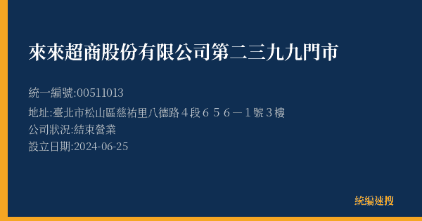 來來超商股份有限公司第二三九九門市的照片-統編 00511013(臺北市) 公司登記資料與營業項目詳細圖表